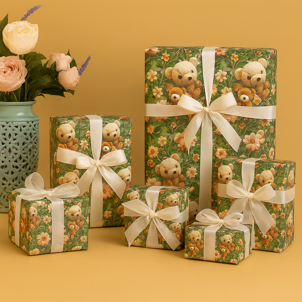 Teddy and Flower Gift Wrapping paper (Pack of 20 sheets) | 80 GSM | 19.5 x 27.5 inches