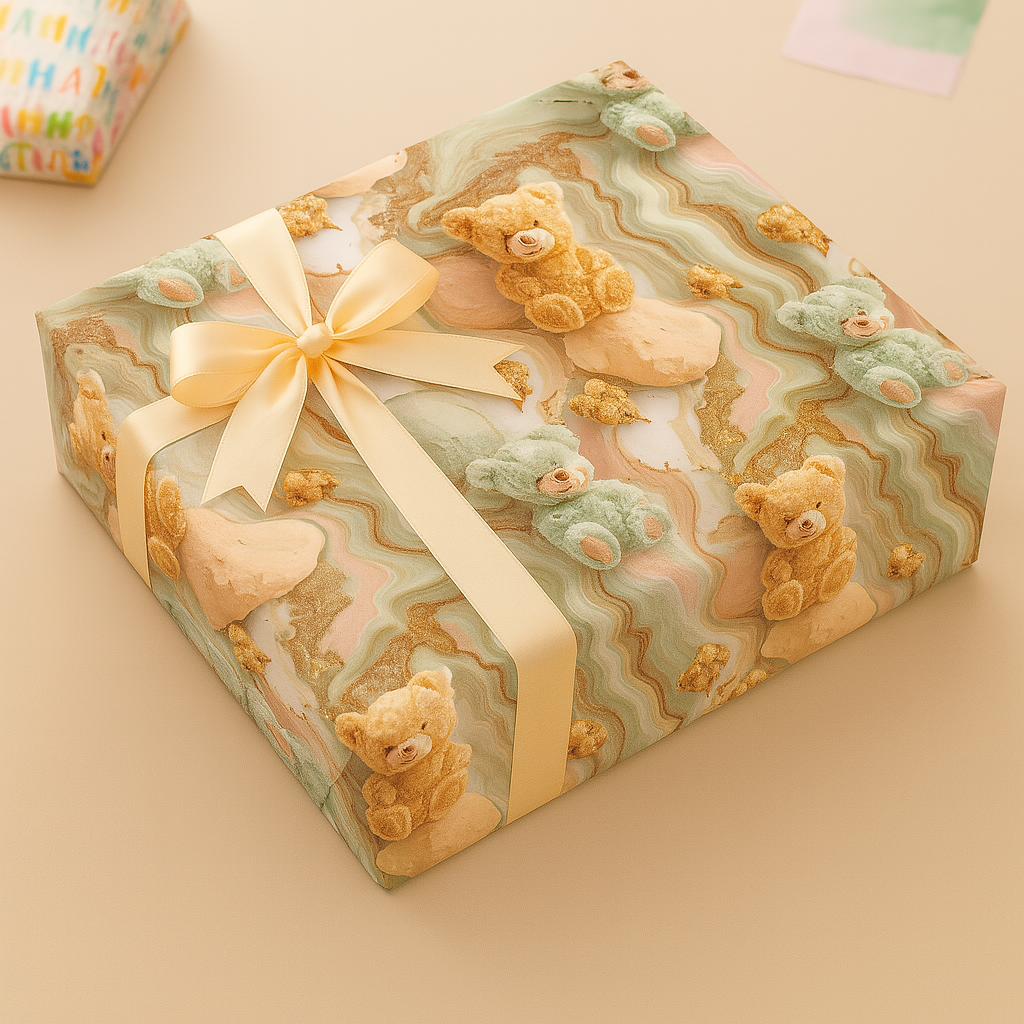 Green and Brown Teddy Gift Wrapping Paper (Pack of 20 sheets) | 80 GSM | 19.5 x 27.5 inches