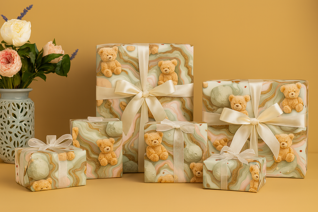 Green and Brown Teddy Gift Wrapping Paper (Pack of 20 sheets) | 80 GSM | 19.5 x 27.5 inches